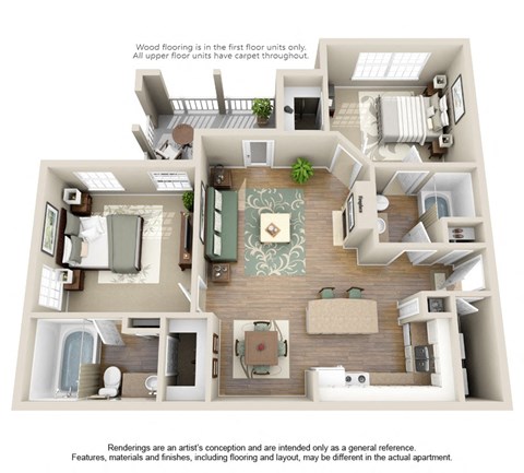 Floor plan for 2 beds, 2 baths, 1007 sqft
